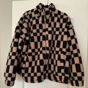 Women’s Fleece Zip-up-New Day beige and black checkerboard XXL